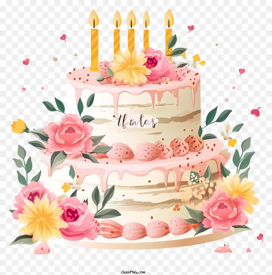 Pastel De Cumpleaños Plano Y Flores，Decoración De Pastel PNG