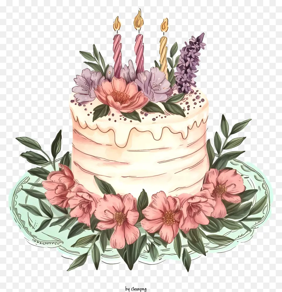 Pastel De Cumpleaños Y Flores Dibujados A Mano，Pastel De Cumpleaños PNG