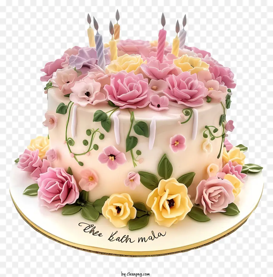 Pastel De Cumpleaños Plano Y Flores，Pastel De Cumpleaños PNG