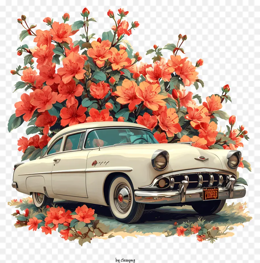 Carro Blanco，Coche Antiguo Con Flores PNG