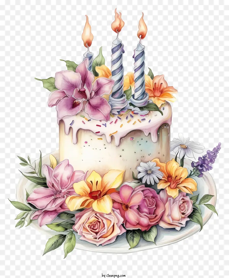 Pastel De Cumpleaños Dibujado A Mano Y Flores，Torta De Cumpleaños PNG