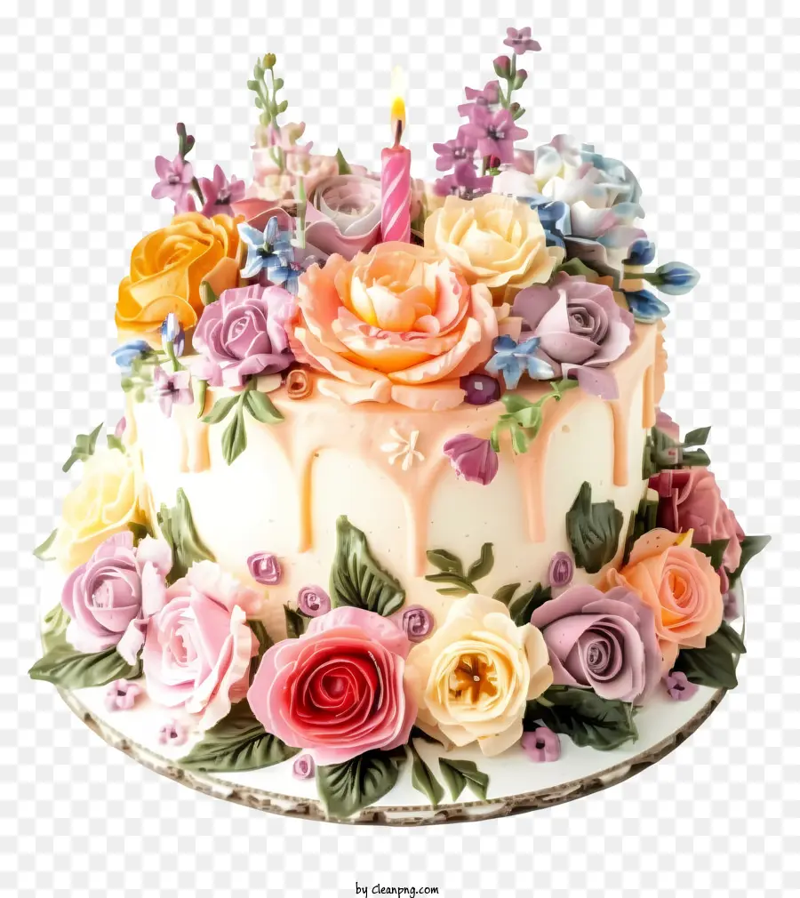 Pastel De Cumpleaños Plano Y Flores，Pastel De Cumpleaños PNG