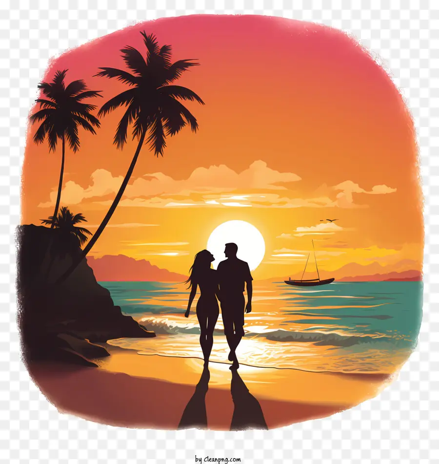 Atardecer Romántico，Pareja Caminando Por La Playa PNG