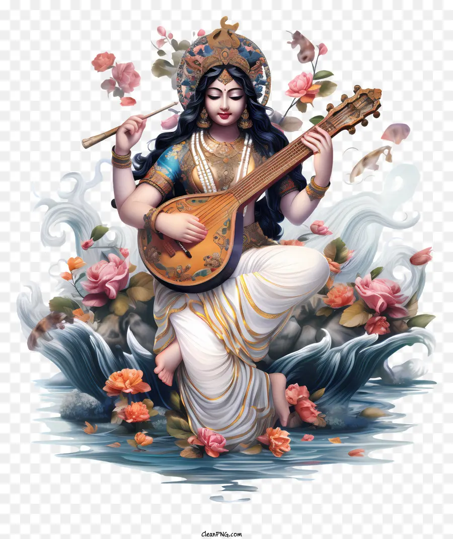 Saraswati Puja，Diosa Tocando Instrumento PNG