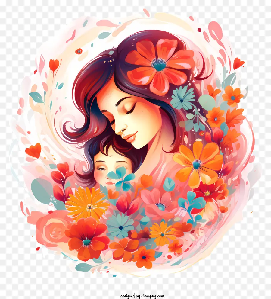 Dia De La Madre，Madre E Hijo Con Flores PNG