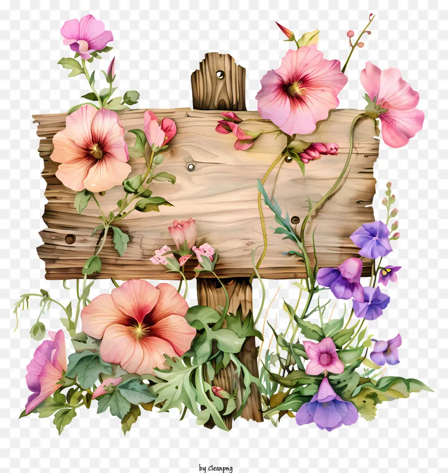 Tablero De Letrero De Flores De Primavera，Letrero De Madera Con Flores PNG