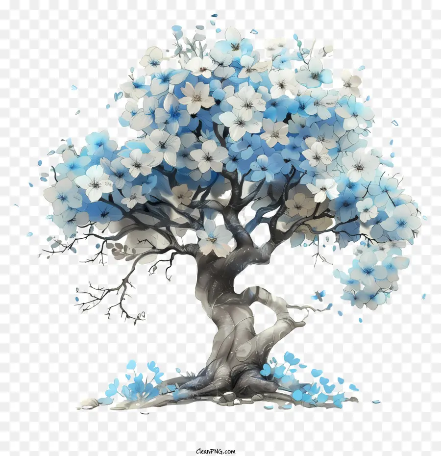 árbol De Primavera，árbol Azul Y Blanco PNG