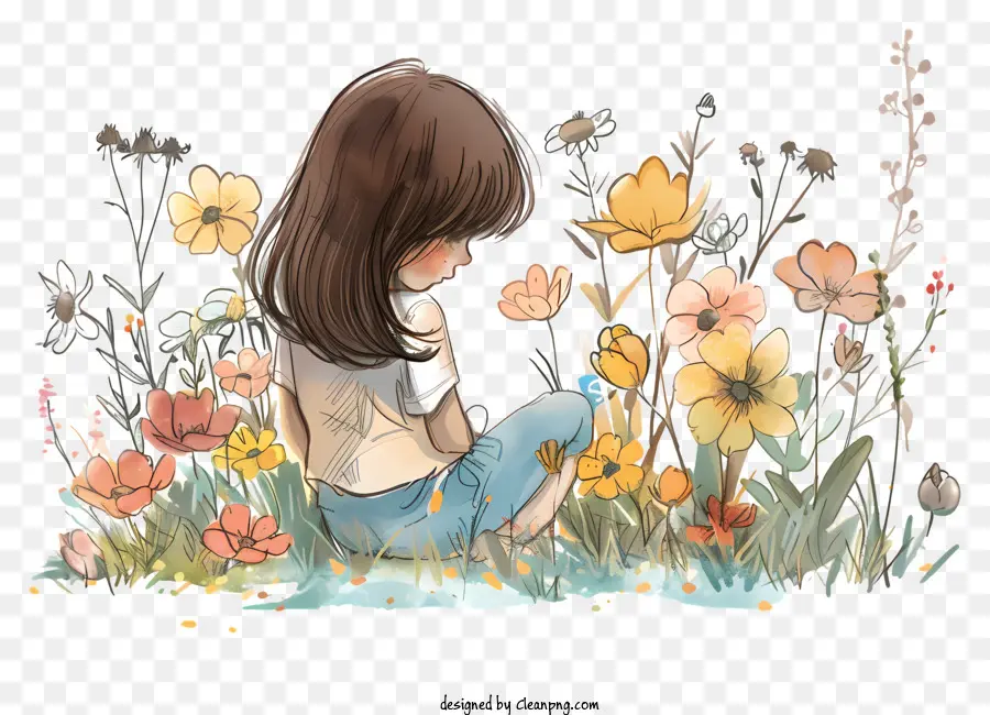 Tiempo De Primavera，Niña Con Flores PNG