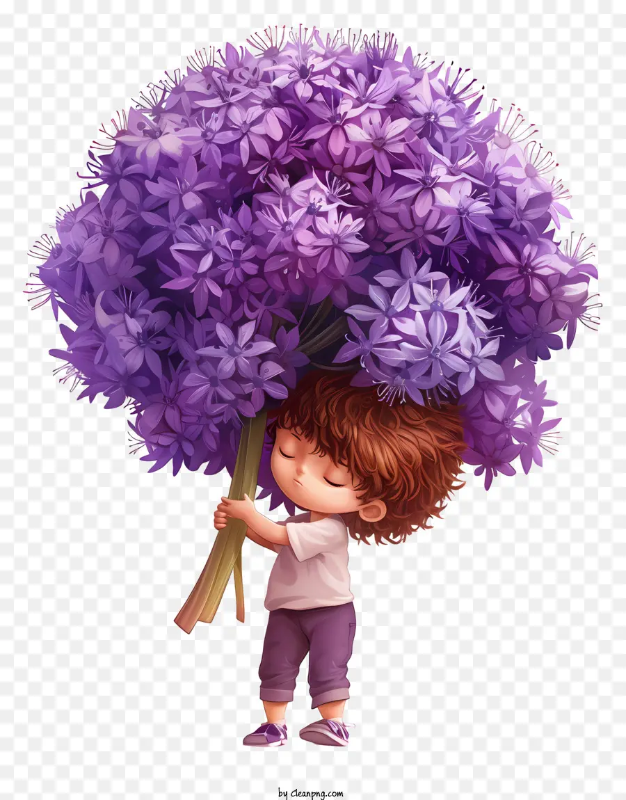 Tiempo De Primavera，Niño Con Flores Moradas PNG