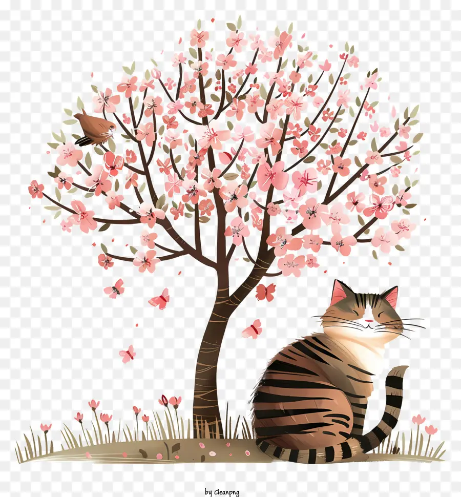 Gato Debajo Del árbol，Árbol De Gato Y Flor De Cerezo PNG