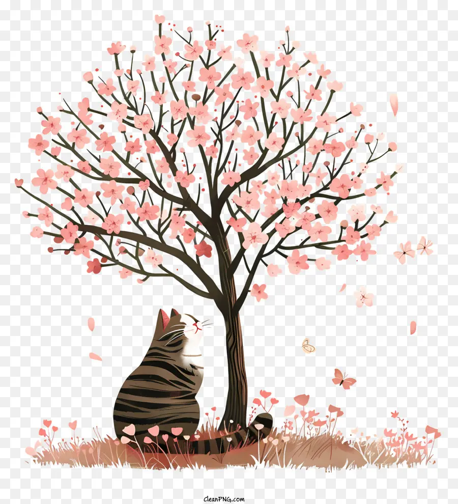 Gato Debajo Del árbol，Árbol De Gato Y Flor De Cerezo PNG