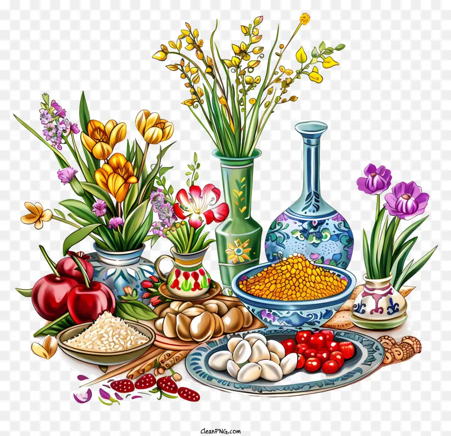 Feliz Nowruz，Flores Y Comida Coloridas PNG