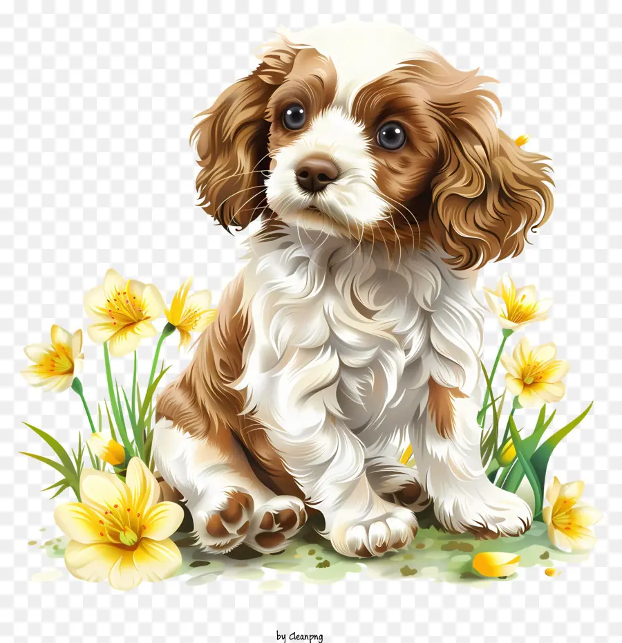 Día Del Cachorro，Cachorro Esponjoso Con Flores PNG