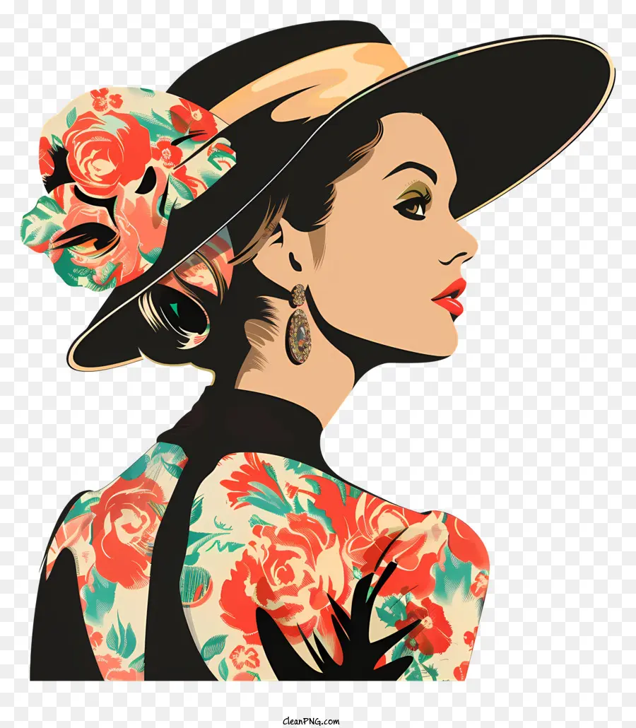 Moda Retro，Mujer Con Sombrero Y Vestido De Flores PNG