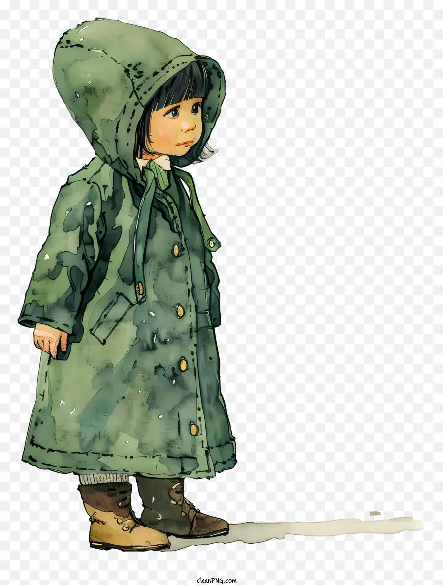 Niña En Impermeable，Abrigo Verde PNG