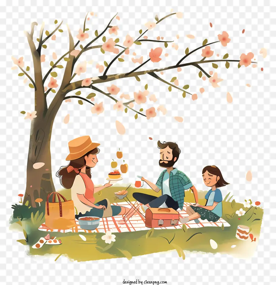 Picnic De Primavera，De Dibujos Animados De La Familia PNG