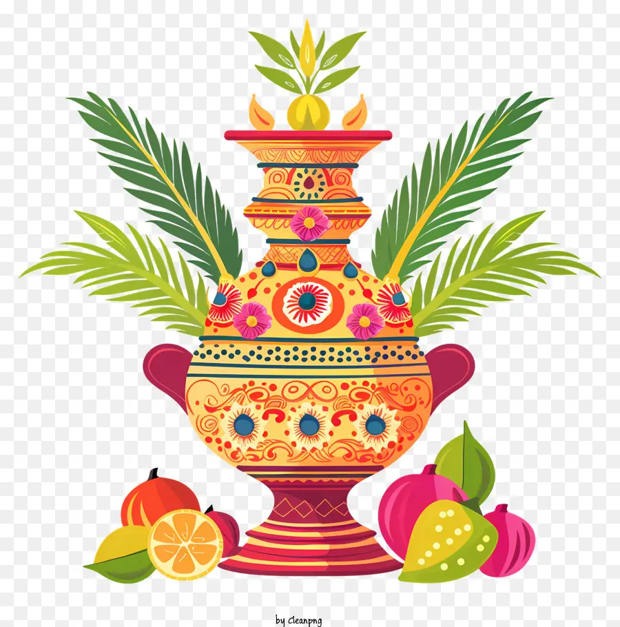 Feliz Ugadi，Olla Adornada Con Frutas PNG