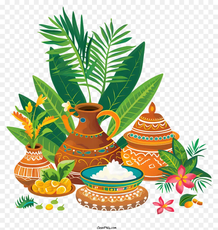 Feliz Ugadi，Macetas Decorativas Y Comida PNG