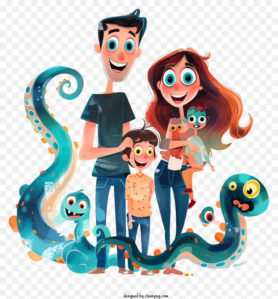 Familia De Dibujos Animados，Familia Con Criaturas Marinas PNG