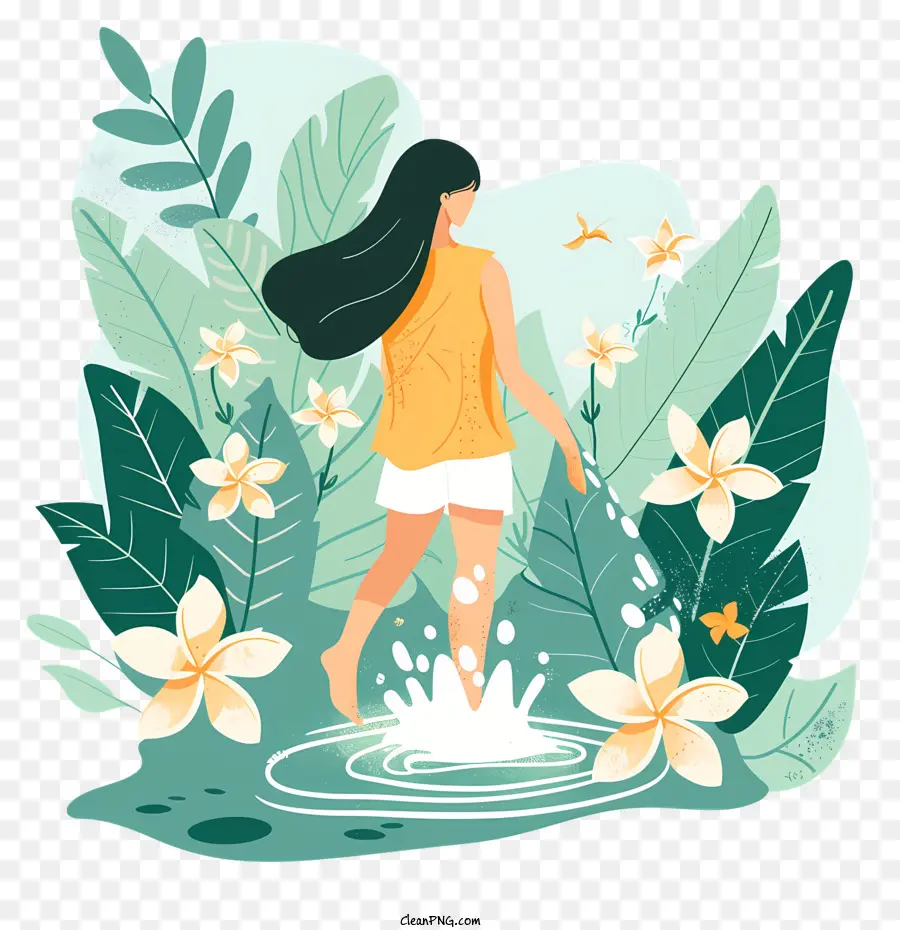 Niña Jugando Con Agua，Mujer Con Flores PNG