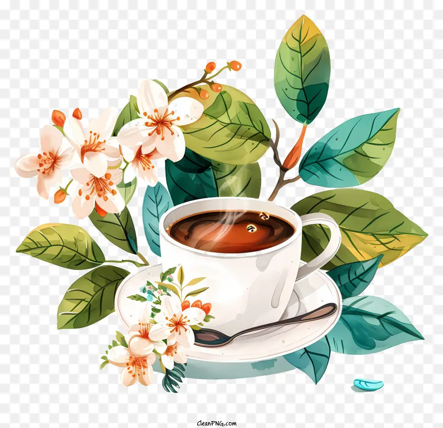 Hora Del Café De Primavera，Taza De Té Con Flores PNG