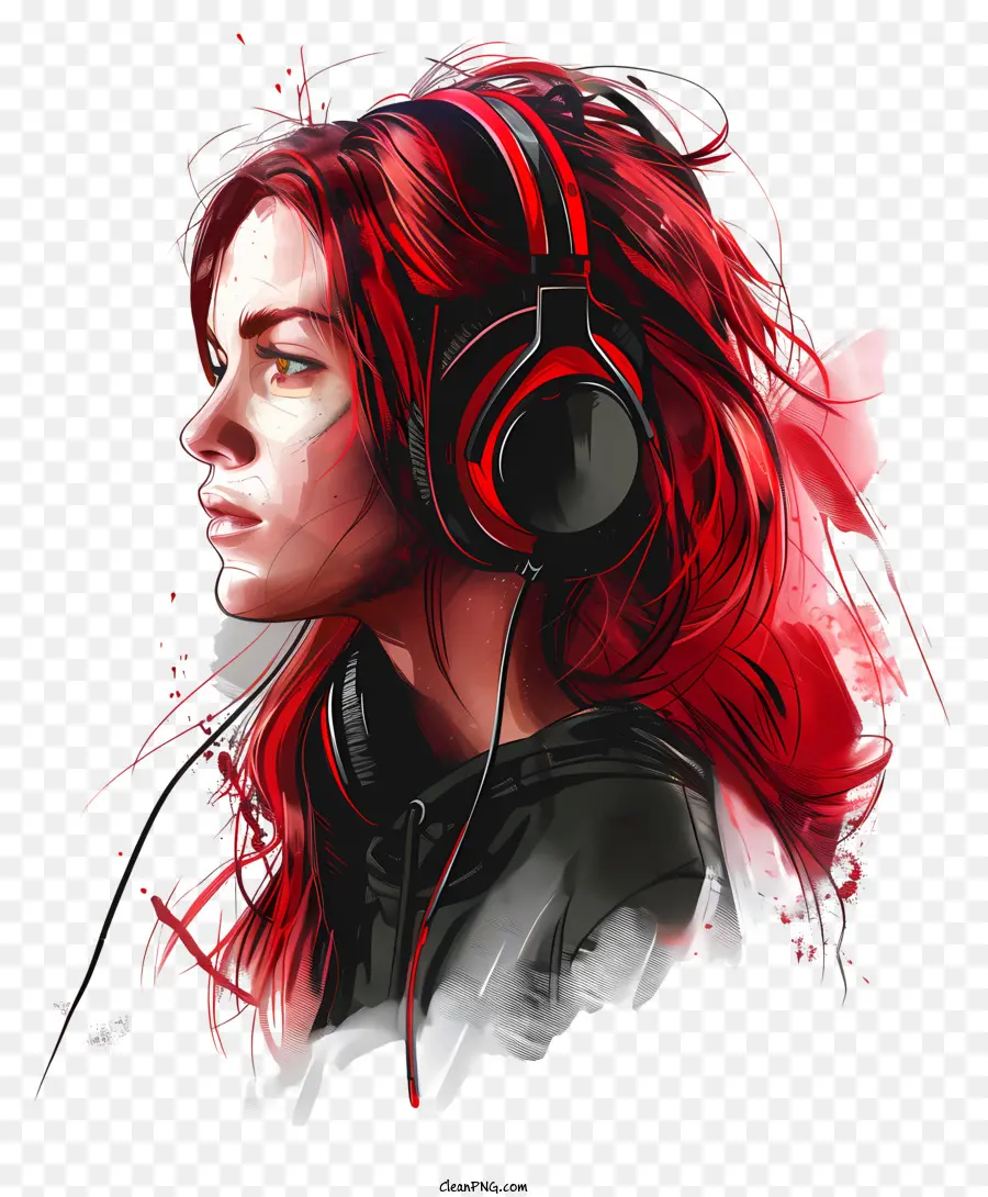 Mujer Con Auriculares，El Pelo Rojo PNG