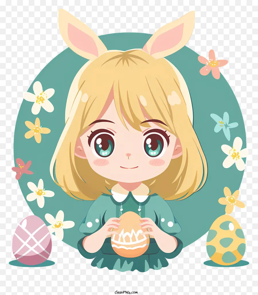 Animado，Niña Con Huevos De Pascua PNG