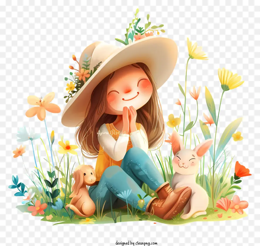 Primavera，Niña Con Animales PNG