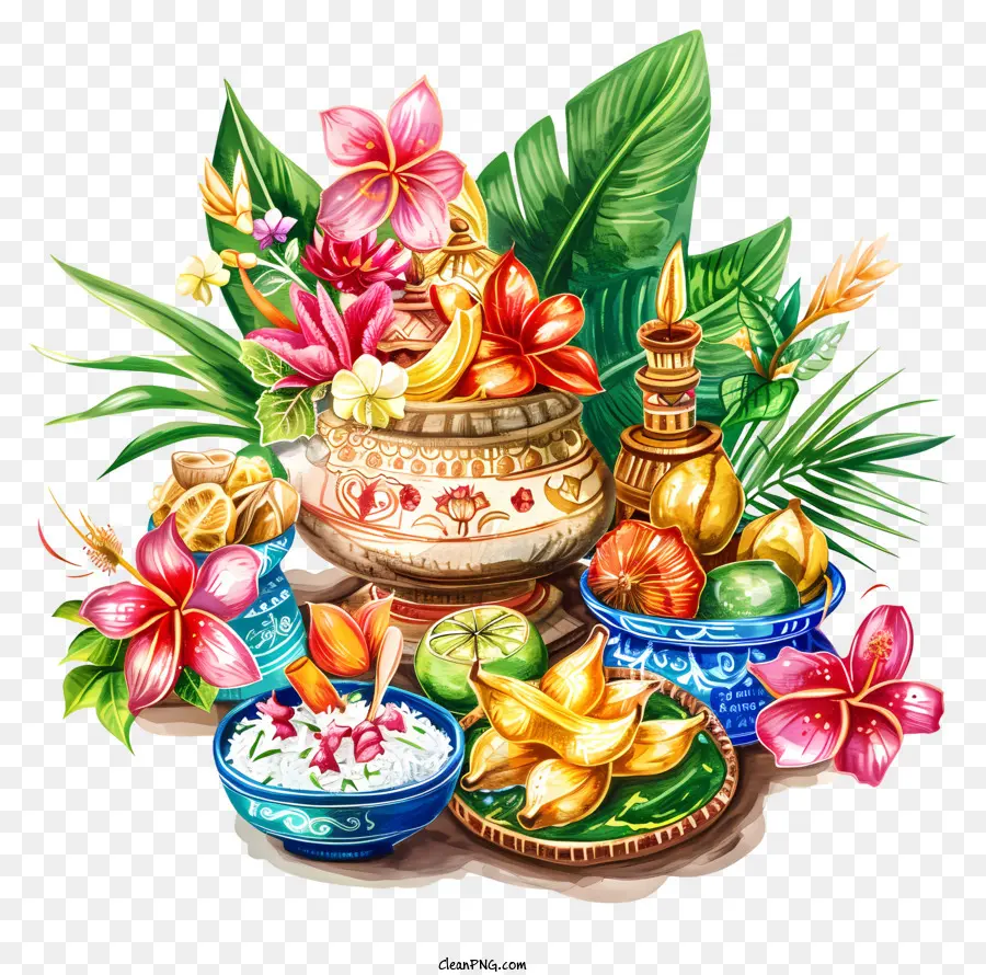 Songkran，Comida Tradicional Y Flores PNG