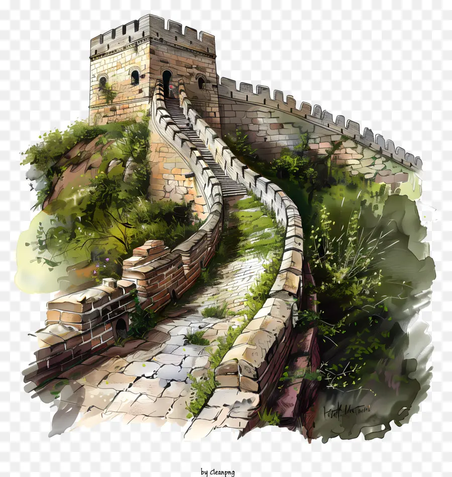 La Gran Muralla De China，Pintura A La Acuarela PNG