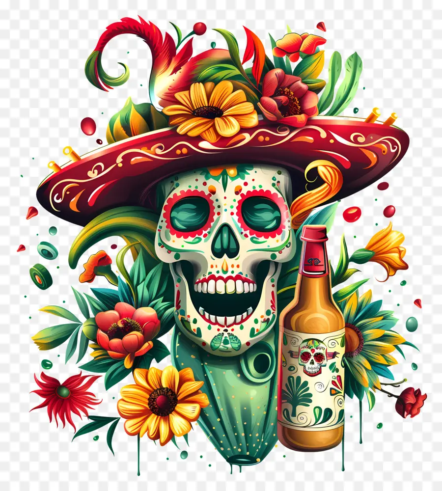 Cinco De Mayo，Calavera Del Día De Muertos Con Flores PNG