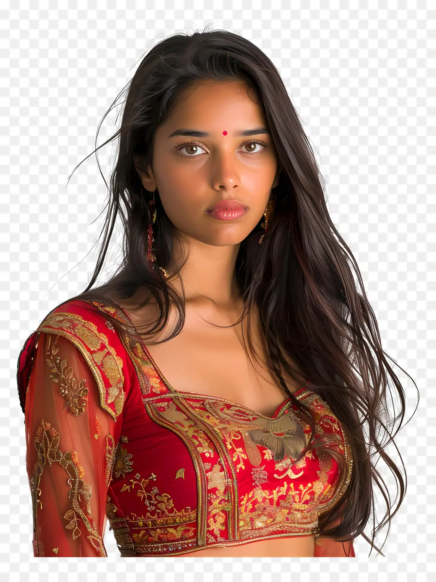 Chica De Vestimenta India，Sari Rojo PNG
