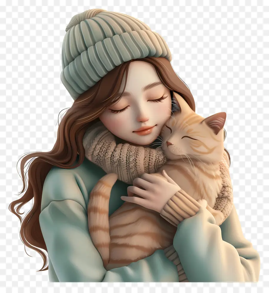 Mujer Acunando Gato，Niña Con Gato PNG