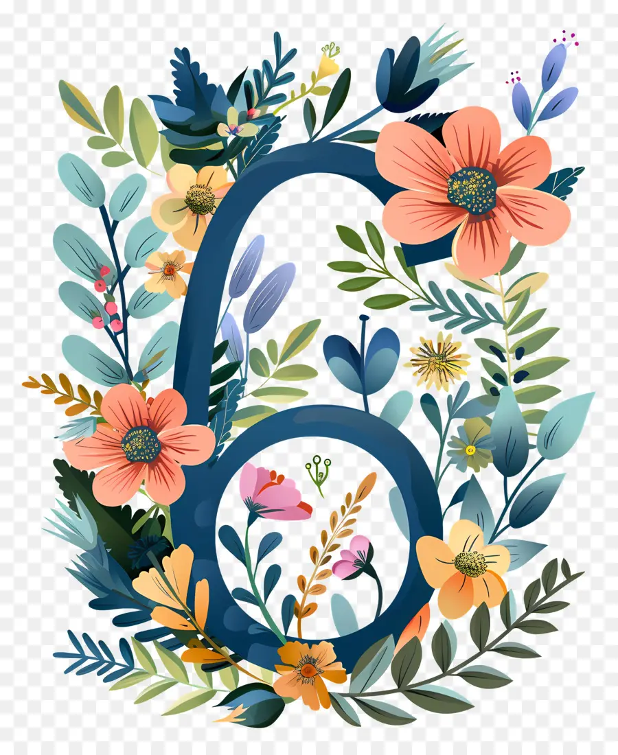 Número 6，Diseño Floral PNG