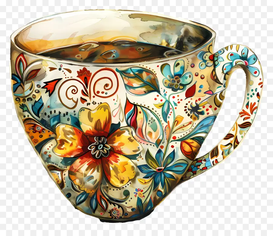 Taza De Café，Diseño Floral PNG