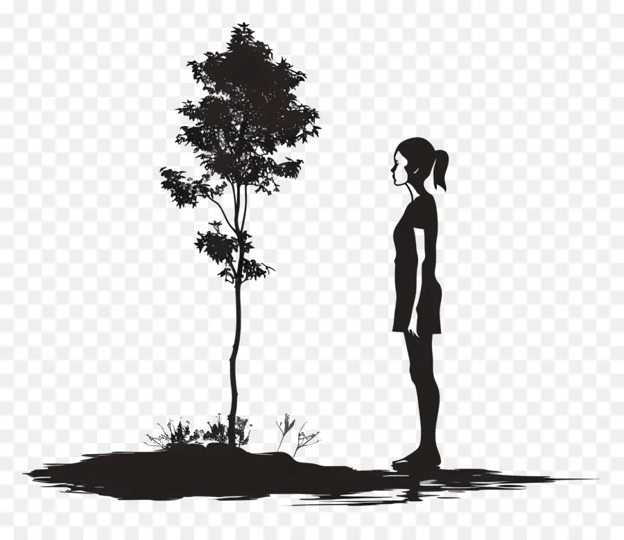 Silueta De Niña，Árbol PNG