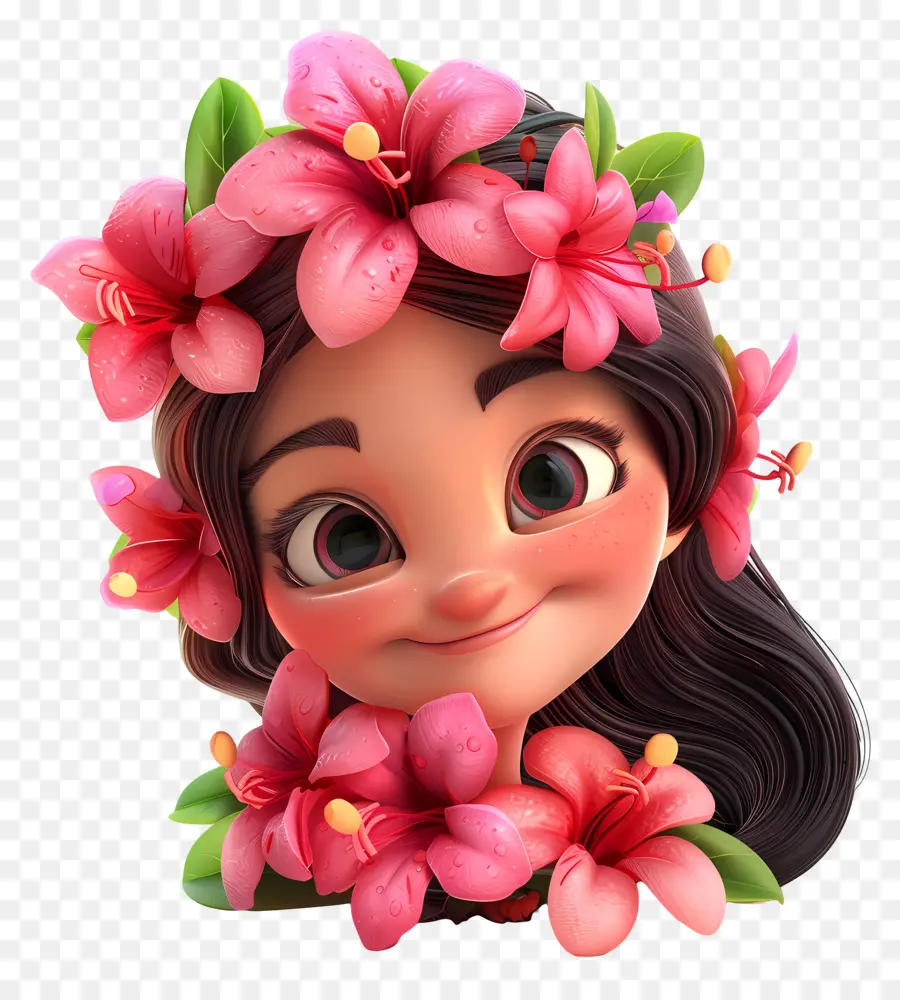 Flores De Dibujos Animados En 3d，Niña Con Flores PNG