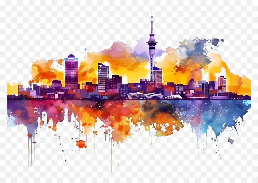 Auckland Skyline，Pintura A La Acuarela PNG