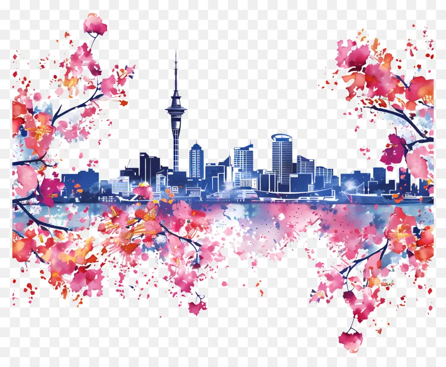 Auckland Skyline，Pintura A La Acuarela PNG