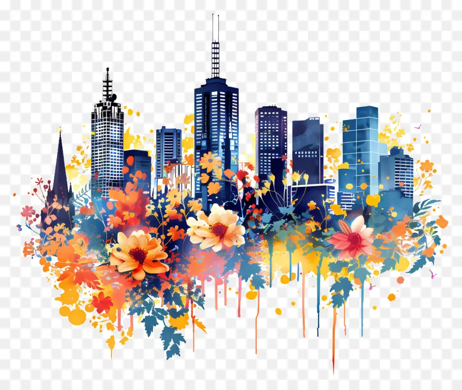 Horizonte De La Ciudad De Melbourne，Paisaje Urbano Con Flores PNG