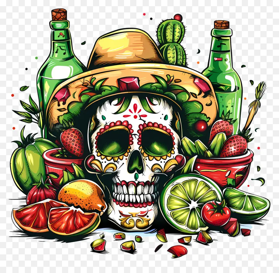 Cinco De Mayo，Calavera Mexicana Con Frutas PNG