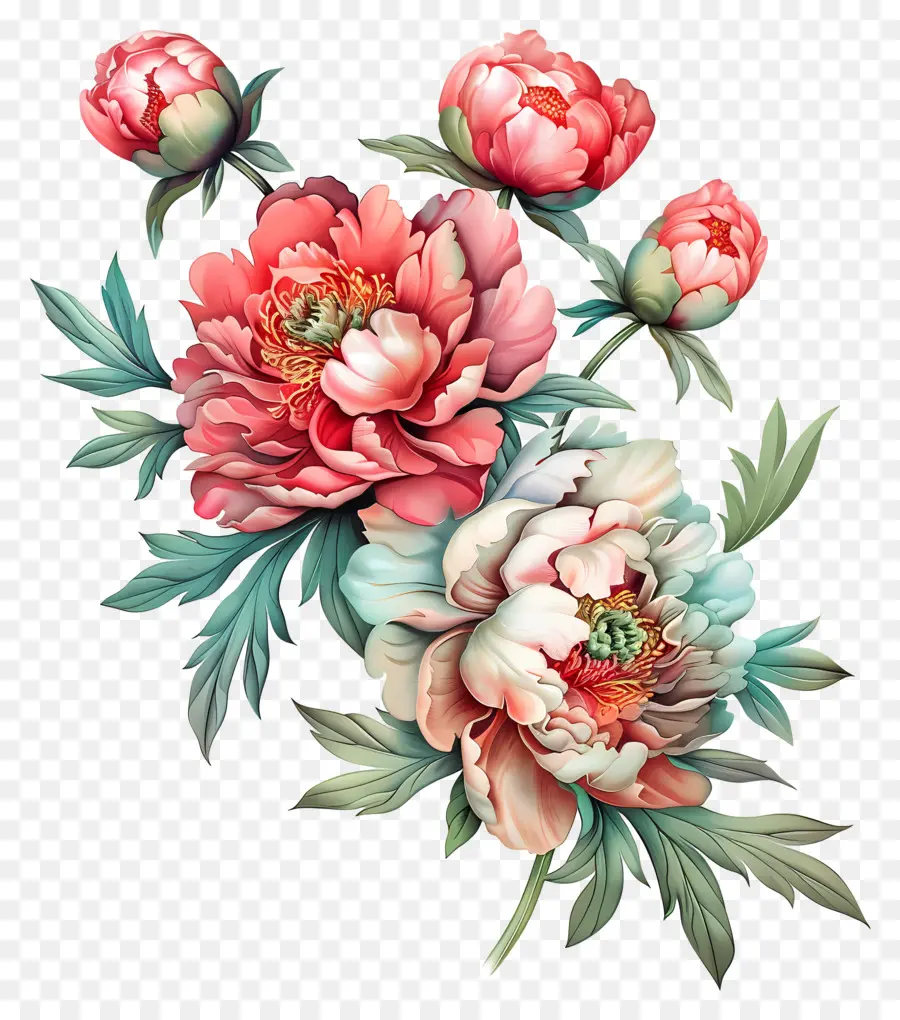 Peonies Flores，Pintura A La Acuarela PNG