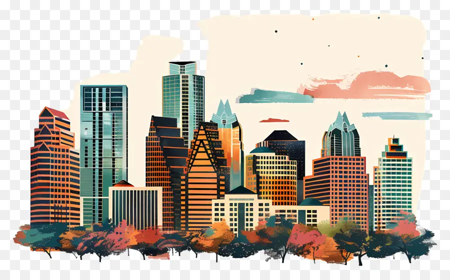 Austin Skyline，Pintura A La Acuarela PNG