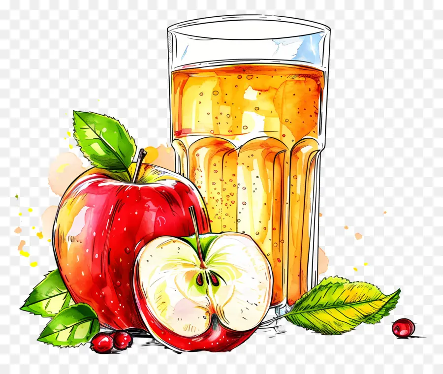 El Jugo De Manzana，Ilustración Acuarela PNG