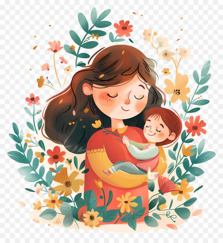 Dia De La Madre，Madre E Hijo Con Flores PNG