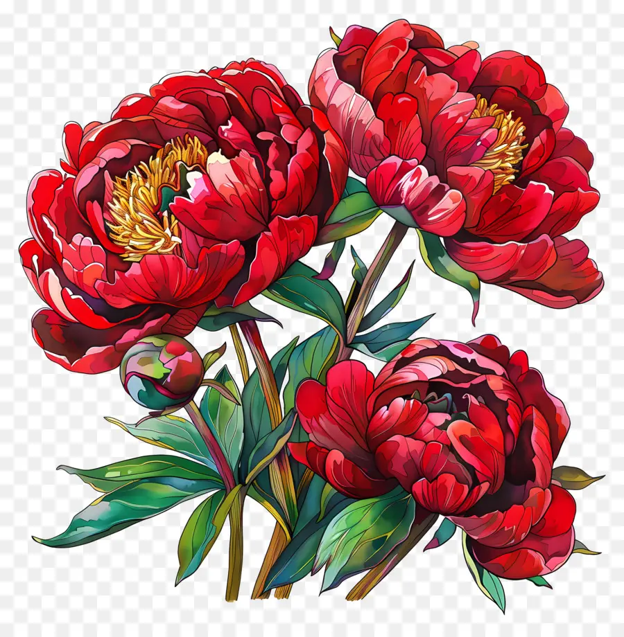 Peonies Red，Pintura PNG