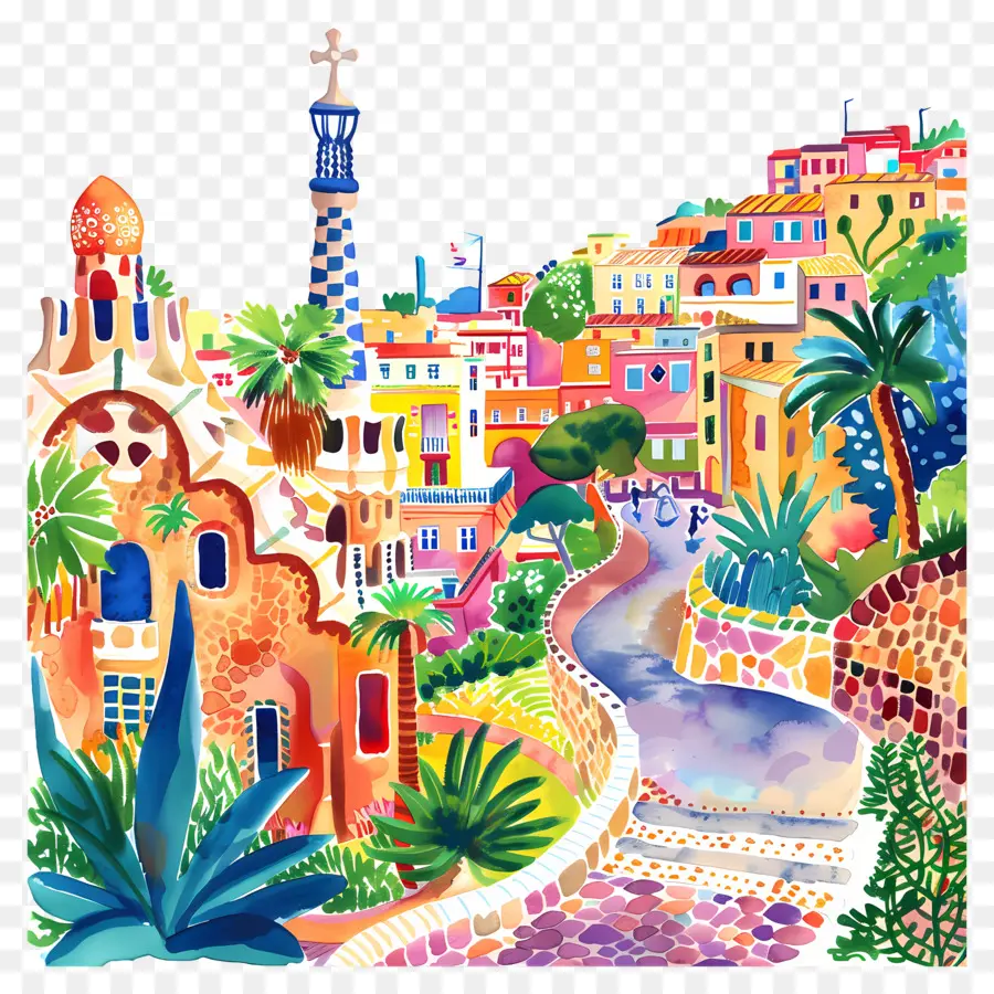 El Parque Güell，Edificios Coloridos PNG