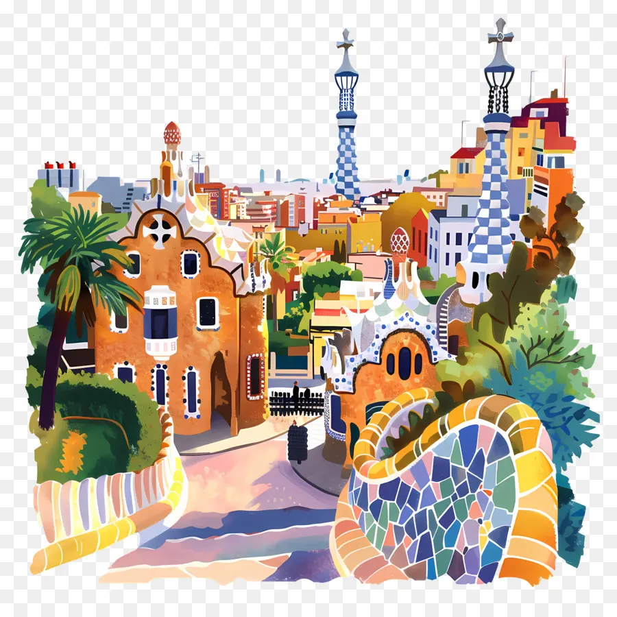 El Parque Güell，Pintura A La Acuarela PNG