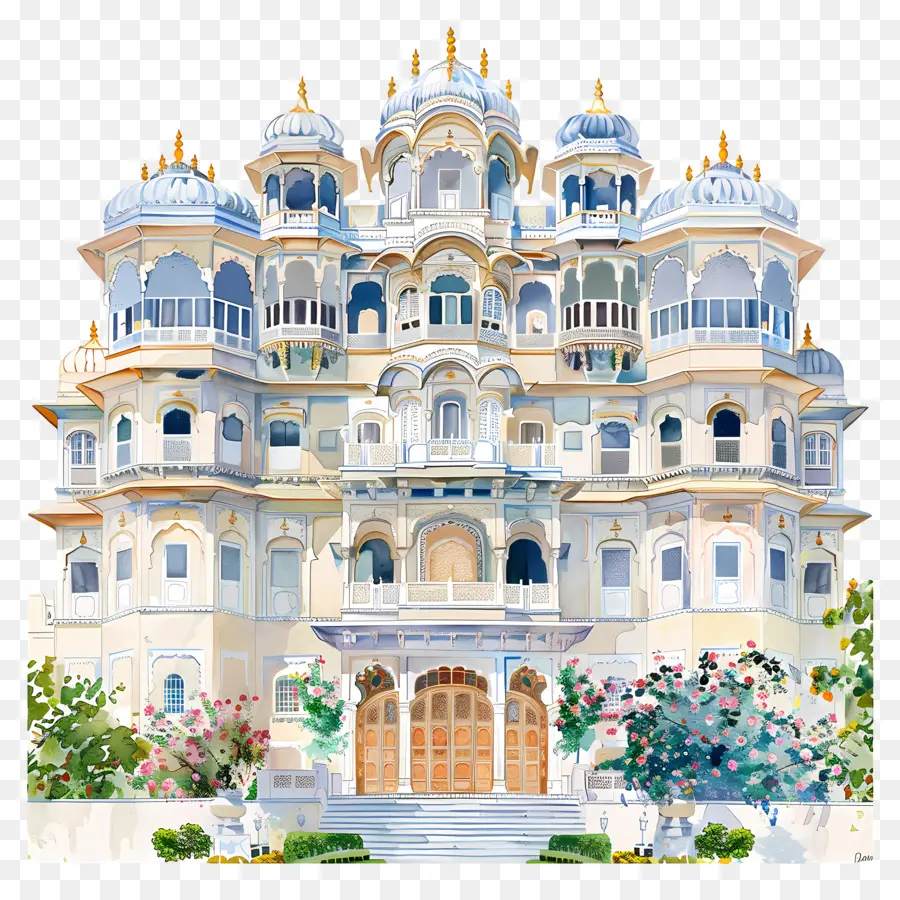 Palacio De Udaipur，Pintura A La Acuarela PNG