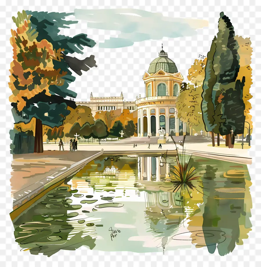 El Retiro Park，Pintura A La Acuarela PNG